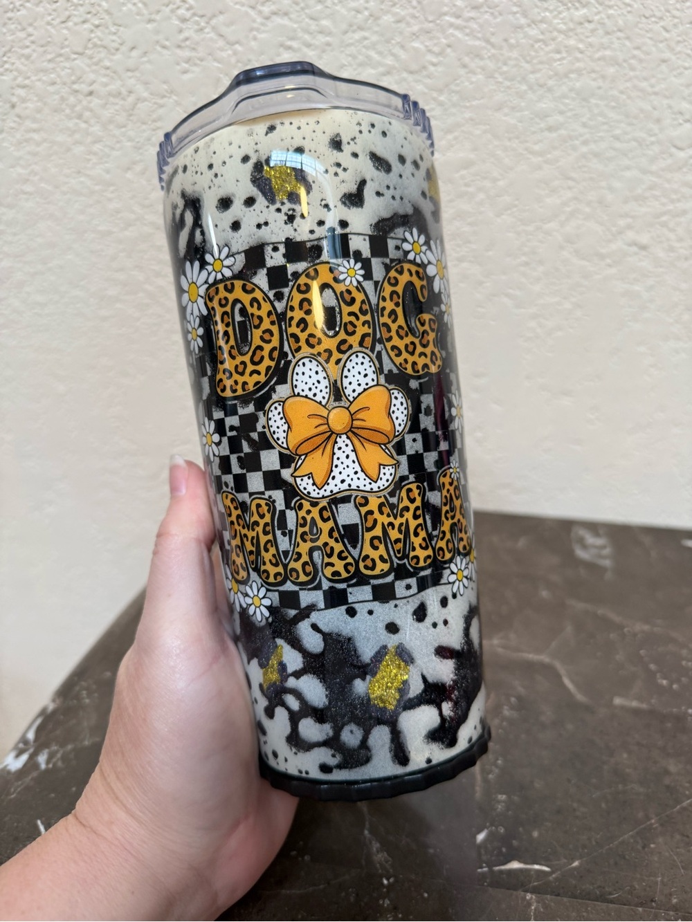 Leopard Glitter Paw Print Dog Mom 20 Oz Strawbler Tumbler Cup